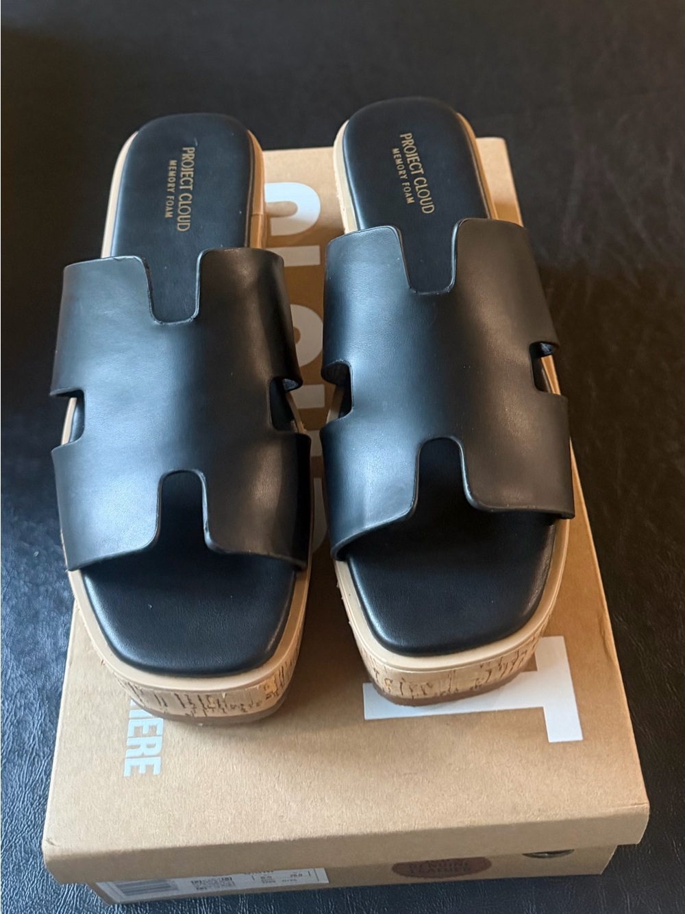 Project Cloud Black Leather Slide Clogs with Cork Platform